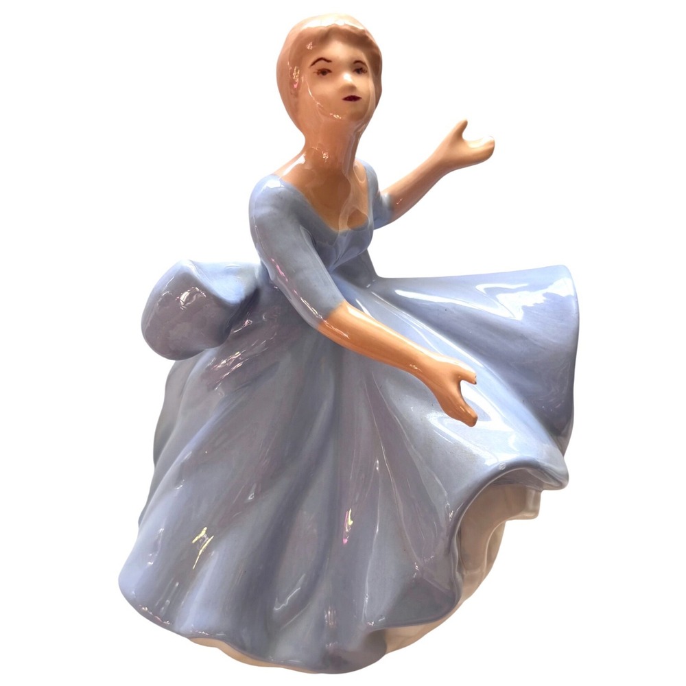 Vintage Porcelain Lady Figurine Blue Gown Large Bow Royal Doulton Style 8.5"